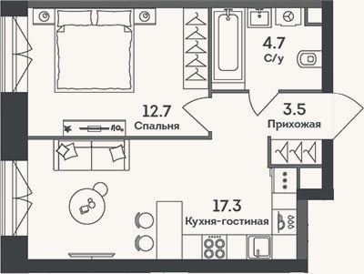 Планировка: 2-к, 38,2 м²