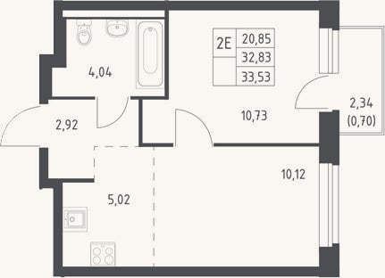 Планировка: 2-к, 32,8 м²