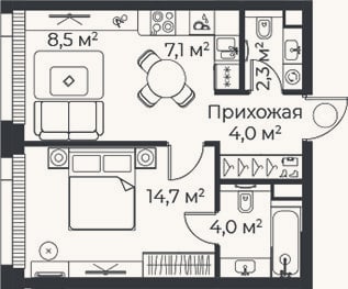 Планировка: 2-к, 40,6 м²