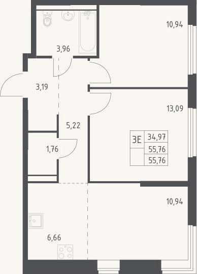 Планировка: 3-к, 55,8 м²