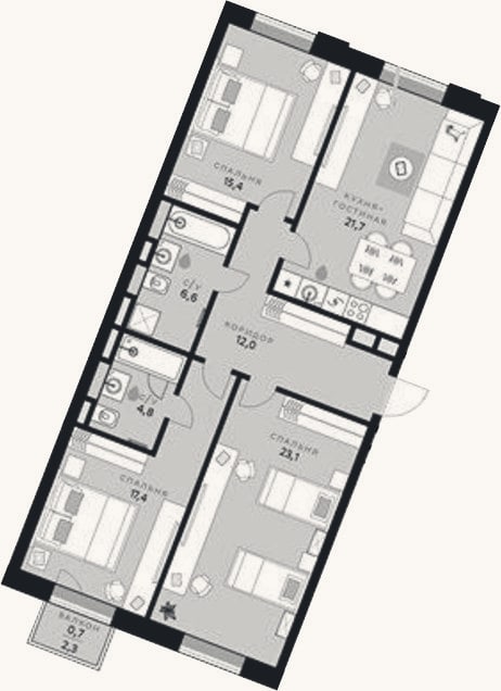 Планировка: 3-к, 101 м²