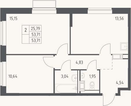 Планировка: 2-к, 53,7 м²