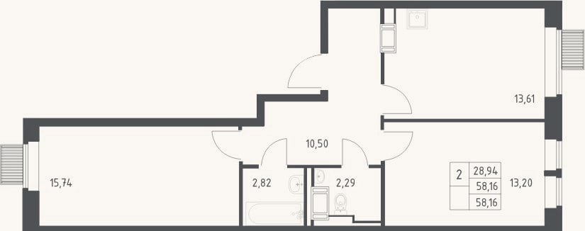 Планировка: 2-к, 58,2 м²