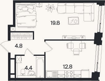 Планировка: 1-к, 41,8 м²