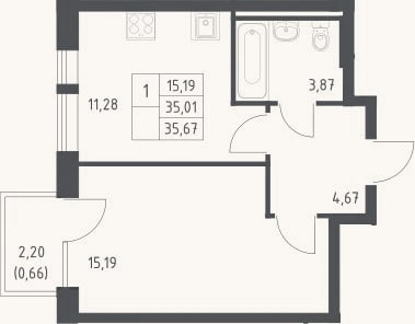 Планировка: 1-к, 35 м²