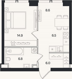 Планировка: 2-к, 43,1 м²