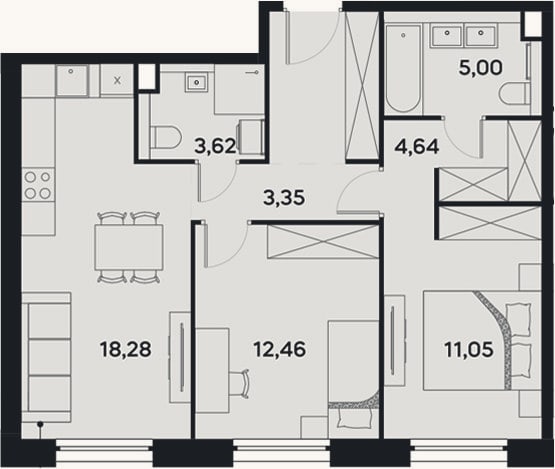 Планировка: 3-к, 63,6 м²