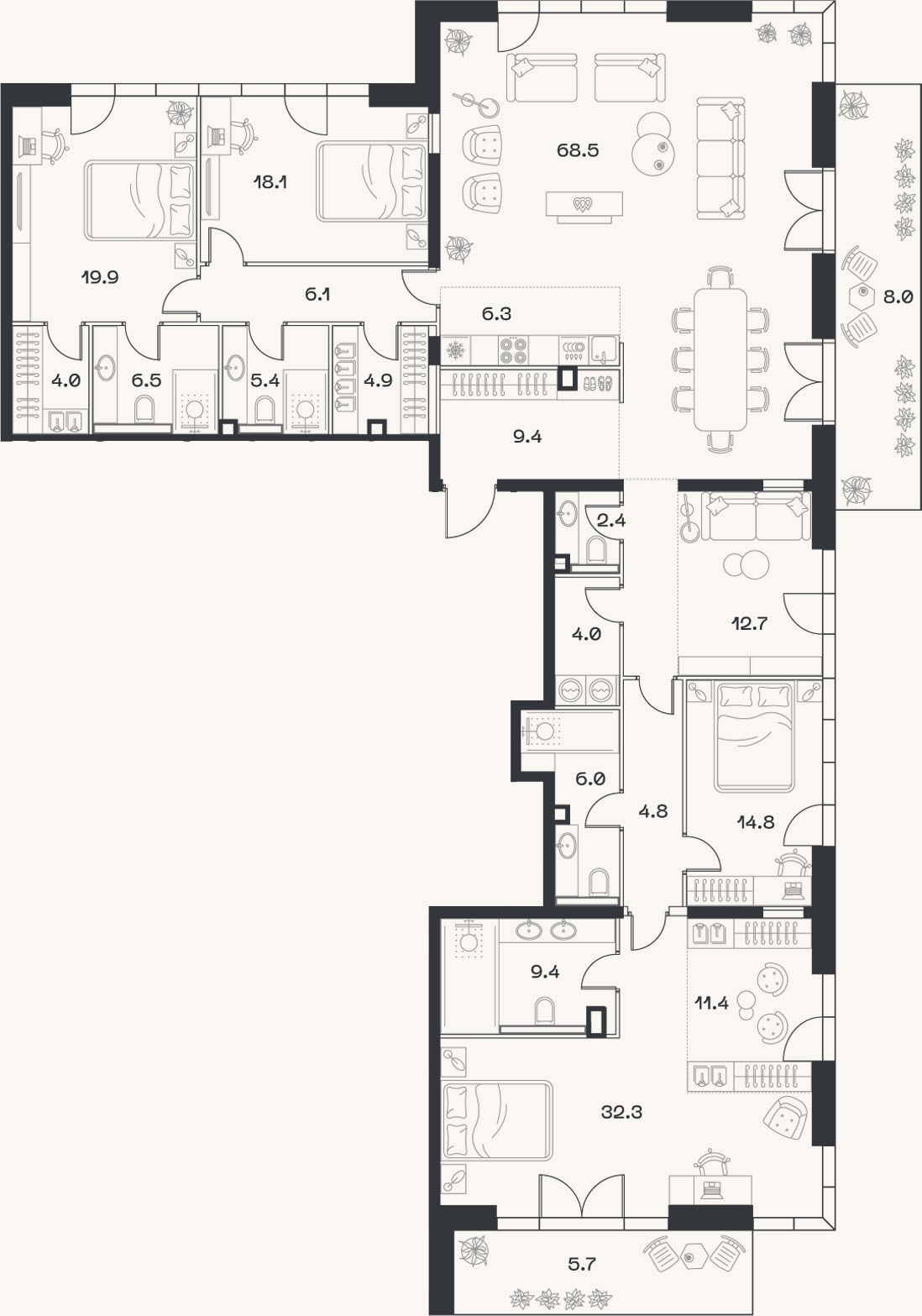 Планировка: 4+ к, 254,7 м²
