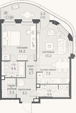 Планировка: 1-к, 56,7 м²
