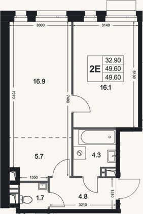 Планировка: 2-к, 49,6 м²