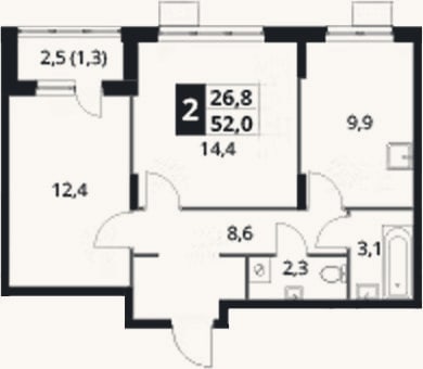 Планировка: 2-к, 50,7 м²