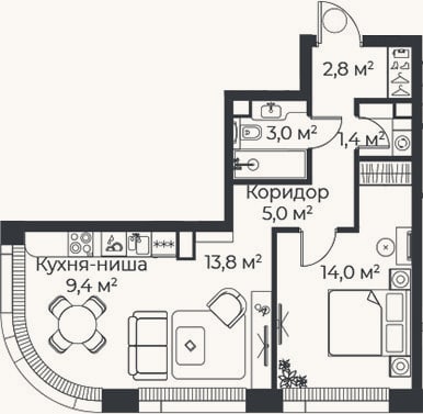 Планировка: 2-к, 49,5 м²