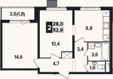 Планировка: 2-к, 51,1 м²