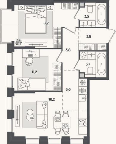 Планировка: 3-к, 62,8 м²