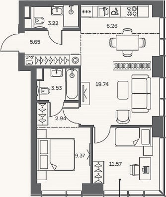 Планировка: 3-к, 62,3 м²