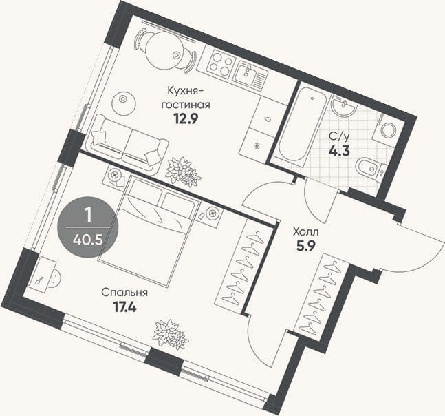Планировка: 2-к, 40,5 м²