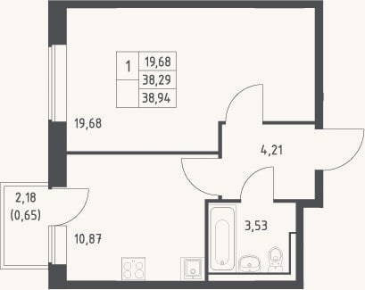 Планировка: 1-к, 38,3 м²