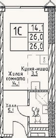 Планировка: Студия, 26 м²