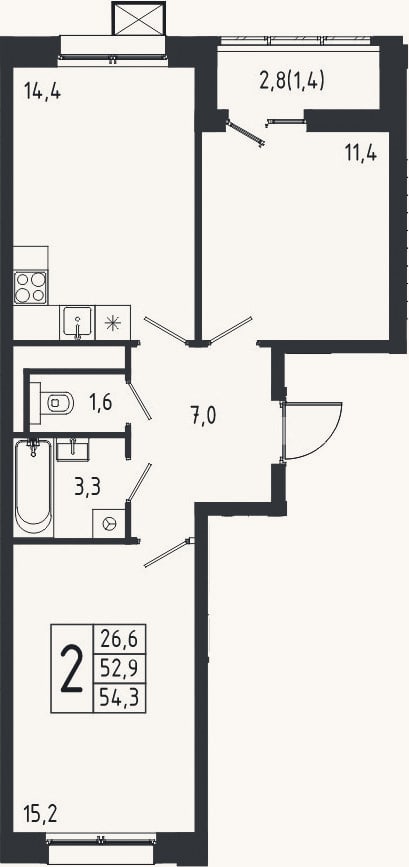 Планировка: 2-к, 52,9 м²