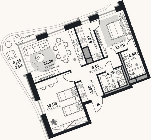 Планировка: 2-к, 79,8 м²