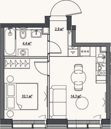 Планировка: 2-к, 31,8 м²