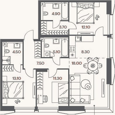 Планировка: 4+ к, 88,5 м²