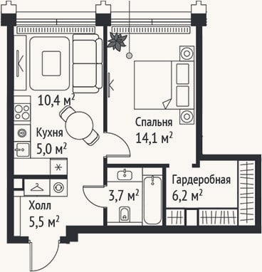 Планировка: 2-к, 44,9 м²