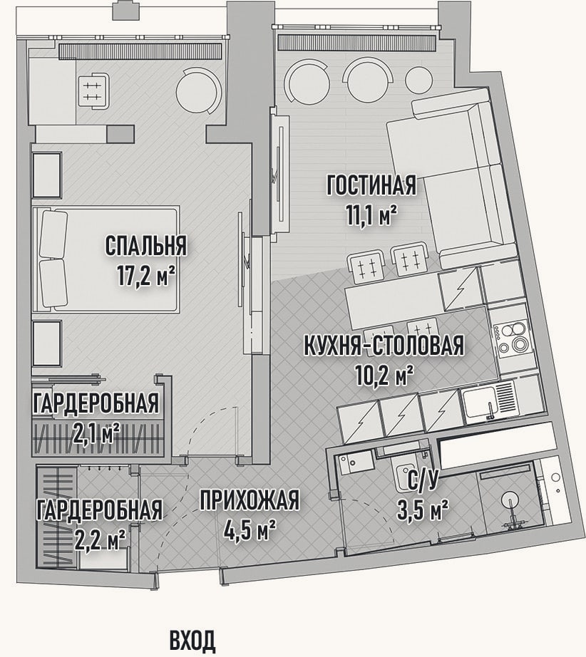 Планировка: 2-к, 50,5 м²