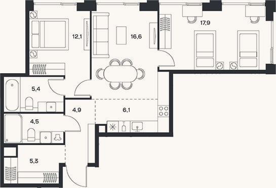 Планировка: 3-к, 72,8 м²