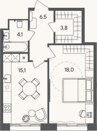 Планировка: 1-к, 47,5 м²