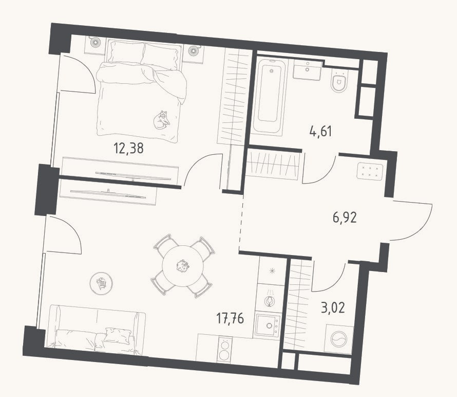 Планировка: 2-к, 44,7 м²