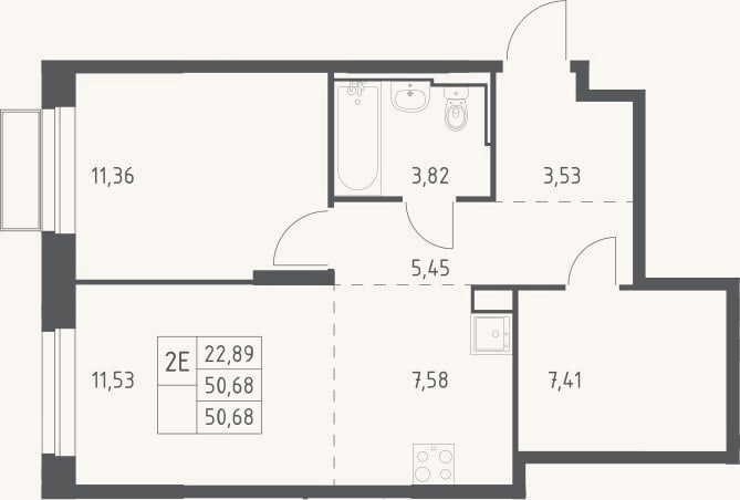Планировка: 2-к, 50,7 м²