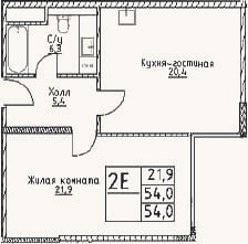 Планировка: 2-к, 54 м²