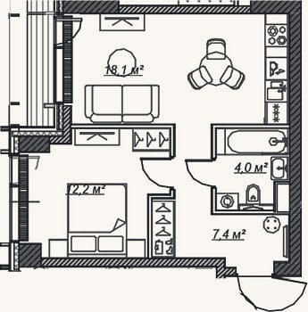 Планировка: 2-к, 42,6 м²
