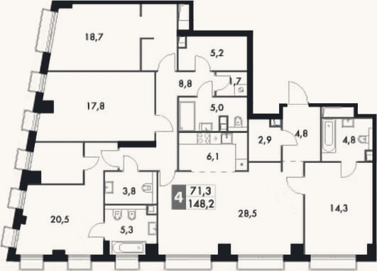 Планировка: 4+ к, 148,2 м²
