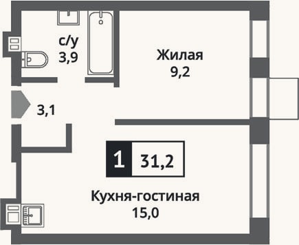 Планировка: 2-к, 31,2 м²