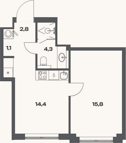Планировка: 1-к, 38,4 м²