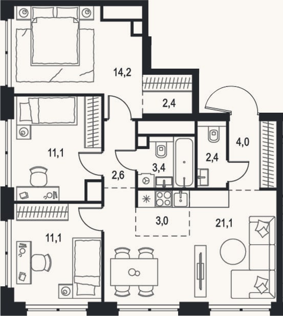 Планировка: 4+ к, 75,3 м²