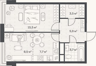 Планировка: 2-к, 44,8 м²