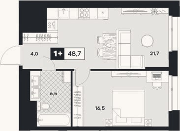 Планировка: 1-к, 48,7 м²