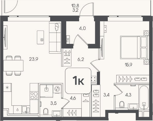 Планировка: 1-к, 65,8 м²