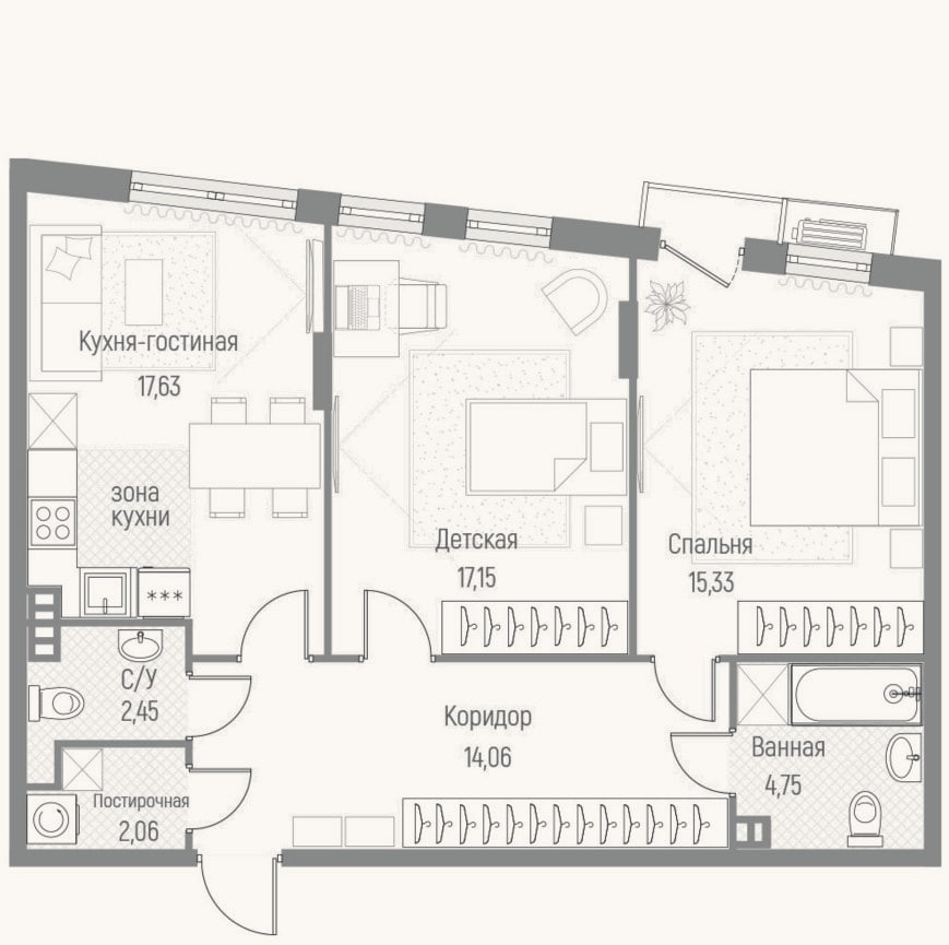 Планировка: 2-к, 73,6 м²
