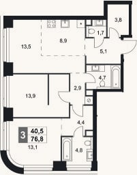Планировка: 3-к, 76,8 м²