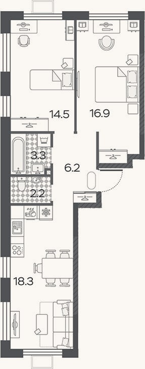 Планировка: 3-к, 61,6 м²