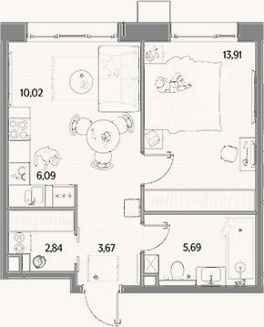 Планировка: 2-к, 42,2 м²
