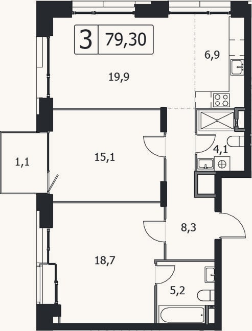 Планировка: 3-к, 78,2 м²