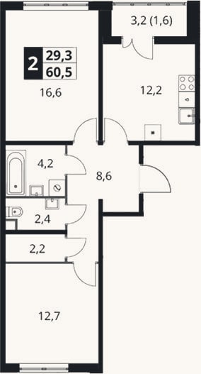 Планировка: 2-к, 58,9 м²