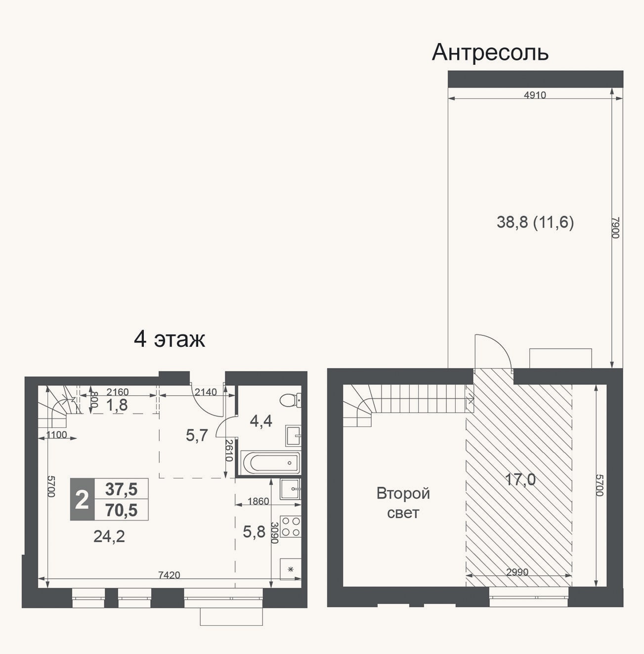 Планировка: 1-к, 58,9 м²