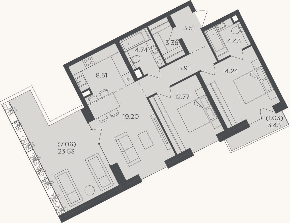 Планировка: 3-к, 76,7 м²