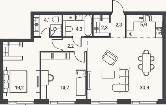 Планировка: 3-к, 82,1 м²